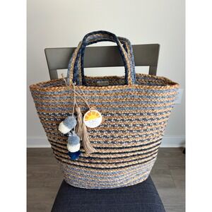 Nalini C&C California Home Blue Striped Braided Jute Tote Bag with Pom Poms NWT